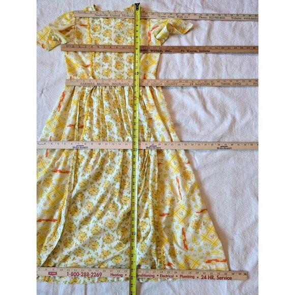 Vintage Handmade Dress 60s 70s Women's Yellow Cotton Blend Floral A Line Mod XS - Picture 7 of 9